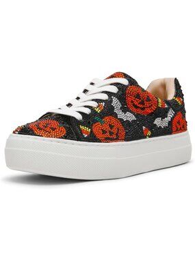 Women Black Orange Comfortable Rhinestone Low-Top Glam Stylish Design Sneakers